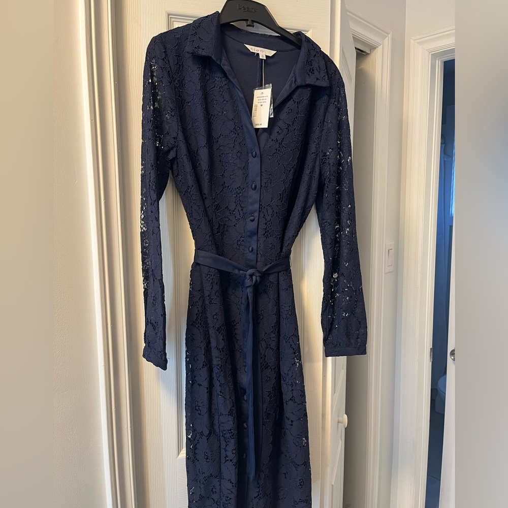 Navy blue lace button down dress. New with tags from Cleo
